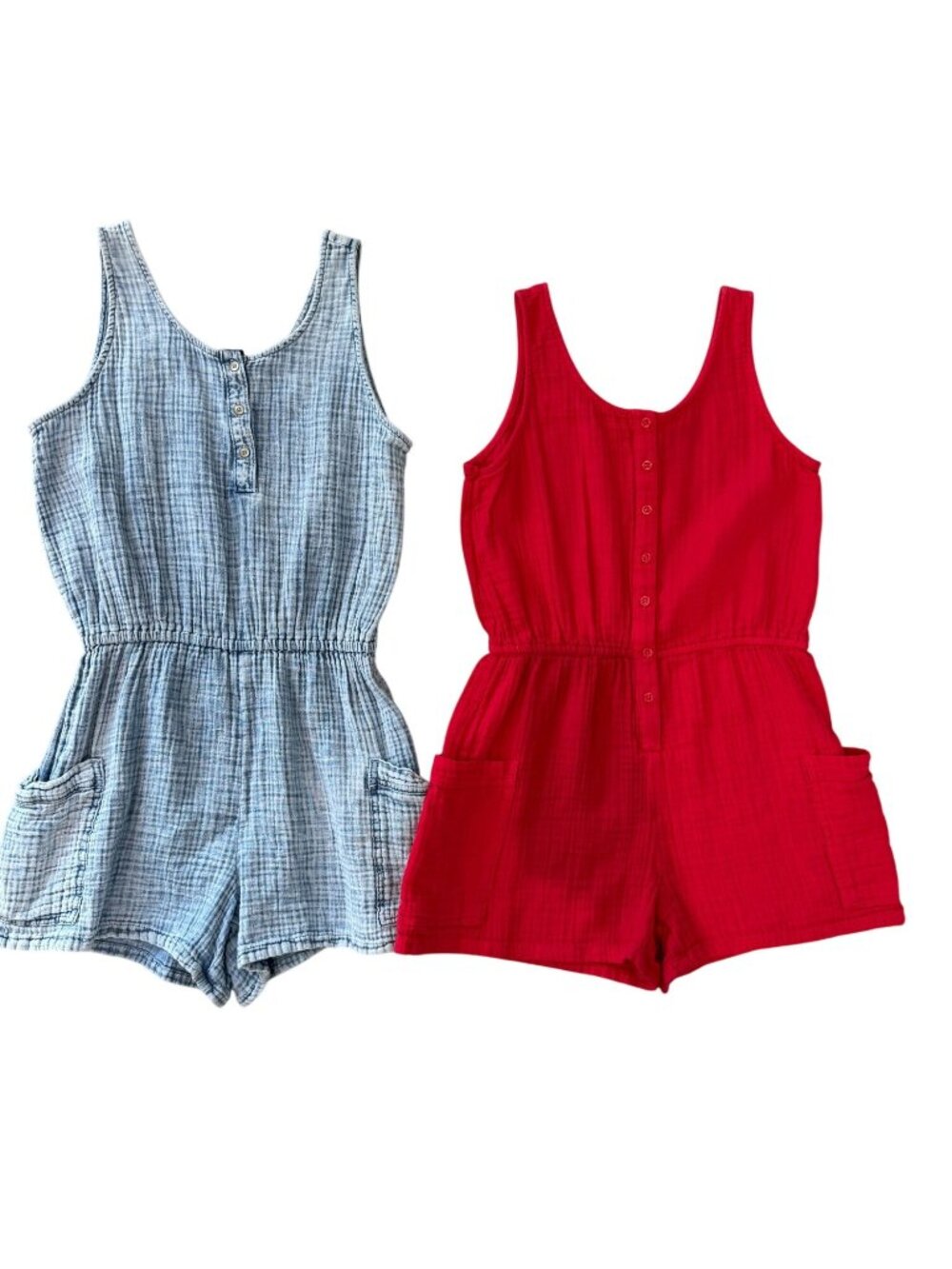 GAP Girls Gauze Romper Bundle (2 Pack) - Blue Plaid & Red, Size XL (12-13)